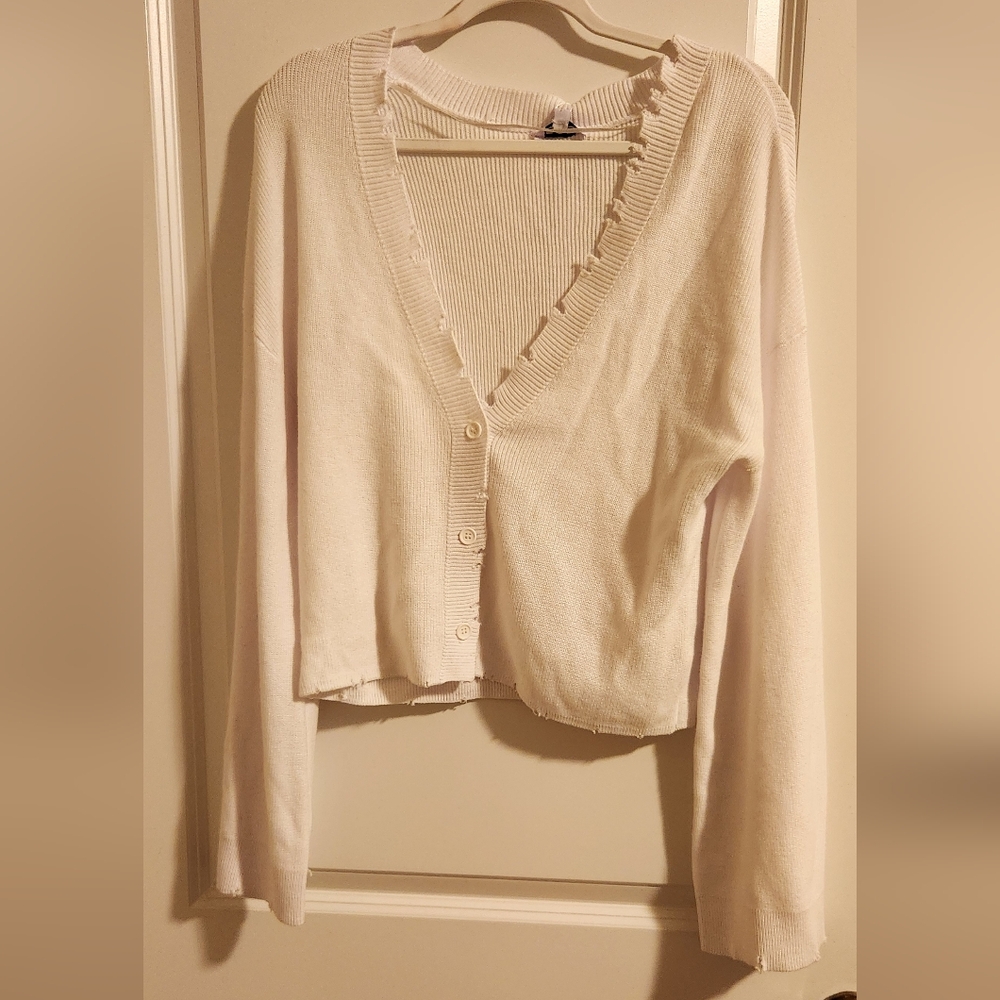 525 America White Destressed V-Neck Cardigan